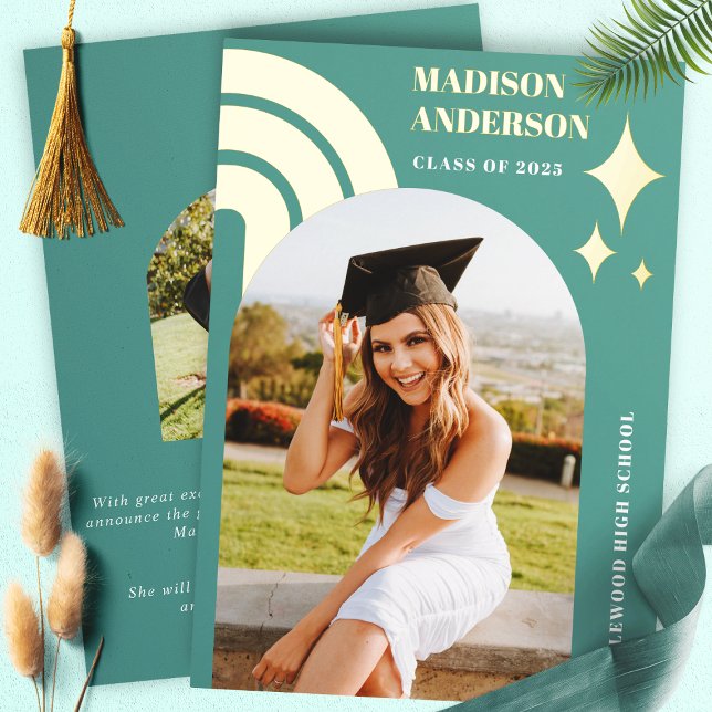 Teal Rainbow Arch And Stars Graduation Foil Invitation (Creator Uploaded)