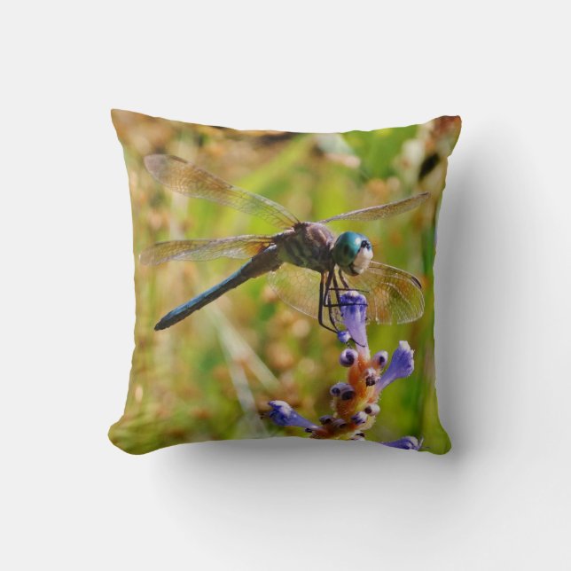 Teal Rainbow Dragonfly/lavender flower Throw Pillow (Front)