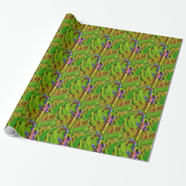 Teal Rainbow Dragonfly Wrapping Paper (Unrolled)