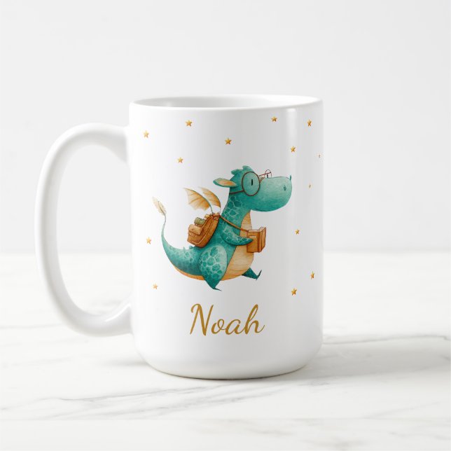 Teal Reading Dragon Mug – Personalized Boys’ Name (Left)
