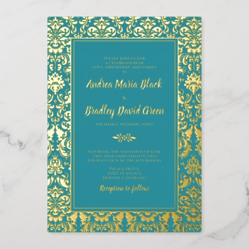 Teal Real Gold Foil Damask Wedding Foil Invitation