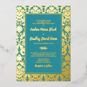 Teal Real Gold Foil Damask Wedding Invitation