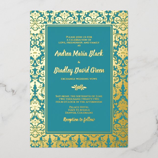Teal Real Gold Foil Damask Wedding Invitation (Front)