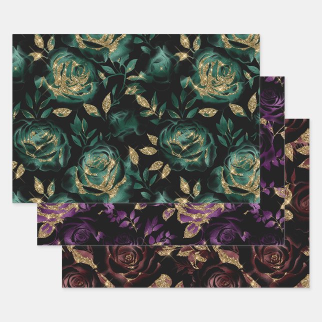 Teal Red and Purple and Gold Glitter Rose Pattern Wrapping Paper Sheets (Set)