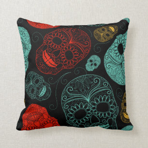 Teal Red Black Skull Throw Pillow