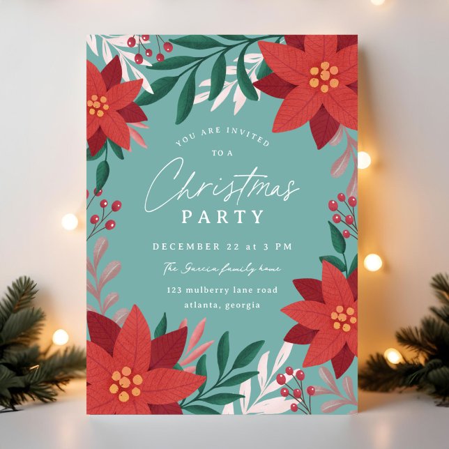 Teal + Red Festive Flowers Christmas Party Invitation (red and blue illustrated Christmas party invitation with florals and botanicals)