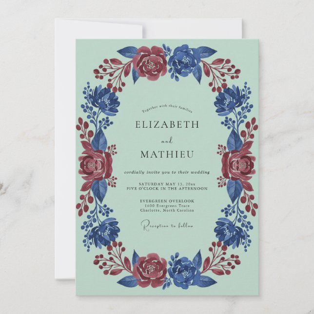 Teal Red Floral Flourish Wedding Invitation (Front)
