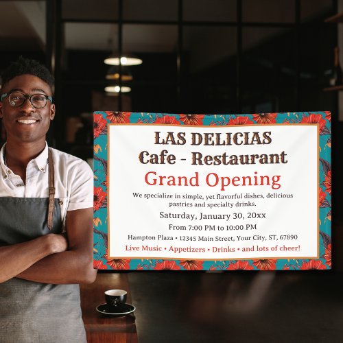 Teal Red Floral Pattern Restaurant Grand Opening Banner