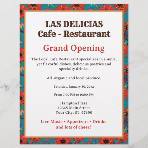 Teal Red Floral Pattern Restaurant Grand Opening Flyer