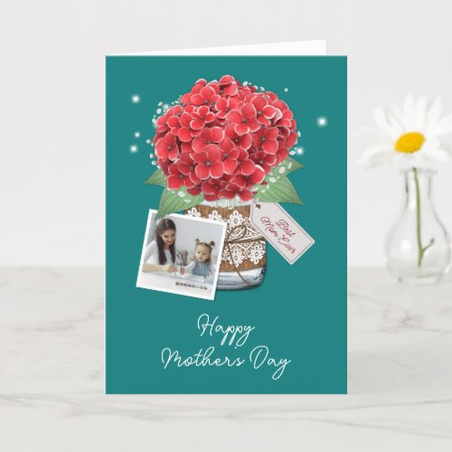 Teal Red Floral Photo Happy Mothers Day Card