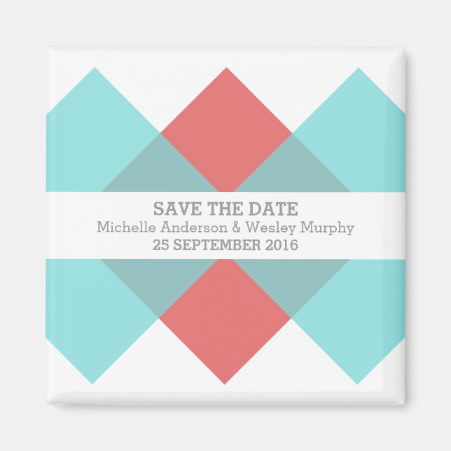 Teal Red Geometric Triad Save the Date Magnet (Front)