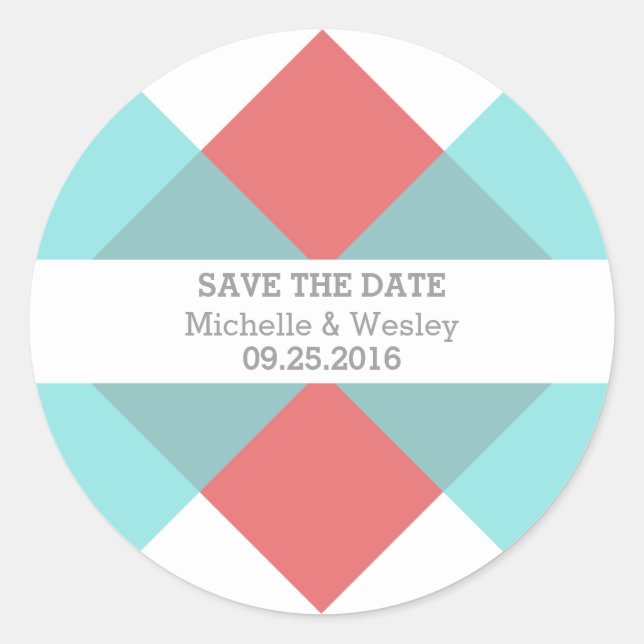 Teal Red Geometric Triad Save the Date Stickers (Front)