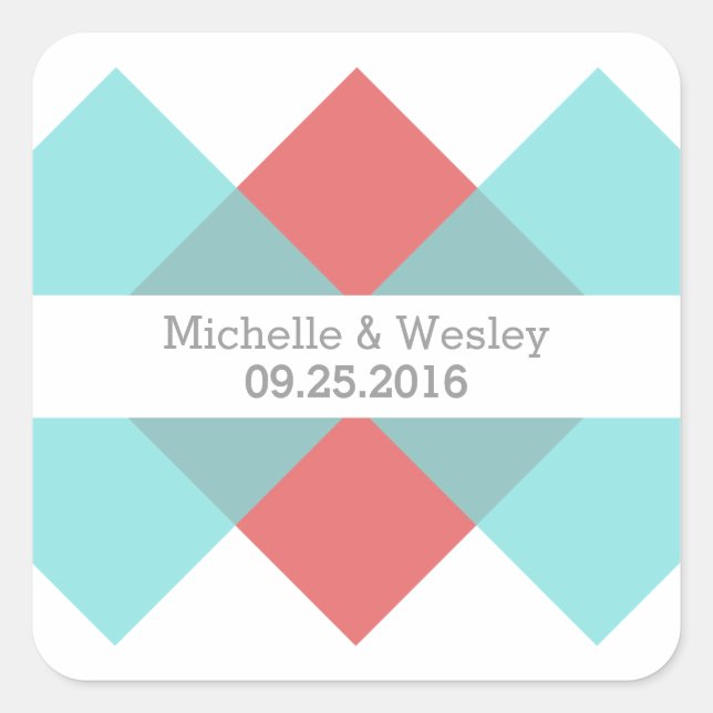 Teal Red Geometric Triad Wedding Stickers (Front)