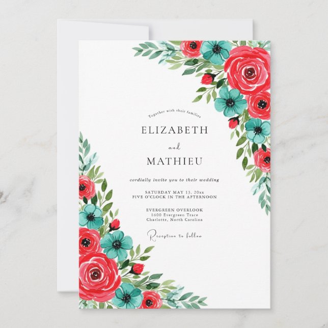 Teal Red Glorious Spring Wedding Invitation (Front)