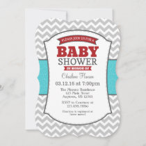 Teal Red Gray Chevron Baby Shower Invitation