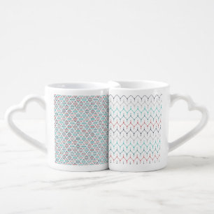 TEAL RED & GRAY TINY LINED PATTERNS COFFEE MUG SET
