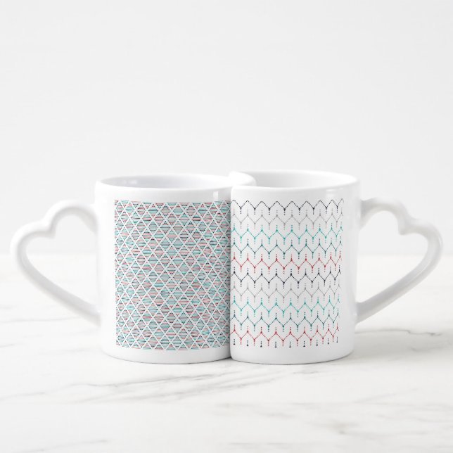 TEAL RED & GRAY TINY LINED PATTERNS COFFEE MUG SET (Front Nesting)