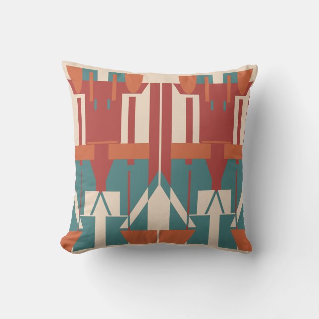Teal Red Orange Beige Mediterranean Large Mosaics Throw Pillow (Front)