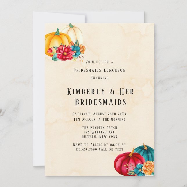 Teal Red Orange Boho Pumpkins Bridesmaids Luncheon Invitation (Front)