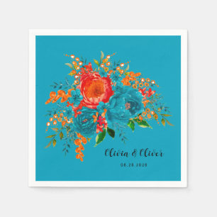 Teal Red Orange Botanical Floral Wedding Napkins