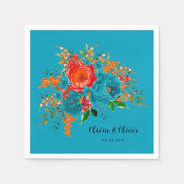 Teal Red Orange Botanical Floral Wedding Napkins (Front)