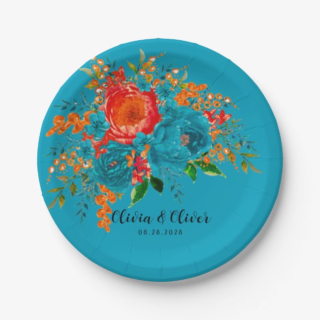 Teal Red Orange Botanical Floral Wedding Paper Plates (Front)