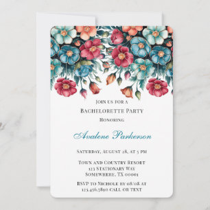 Teal Red Orange Bouquet Floral Bachelorette Party Invitation