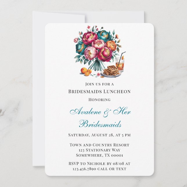 Teal Red Orange Bouquet Floral Bridesmaids Lunch Invitation (Front)