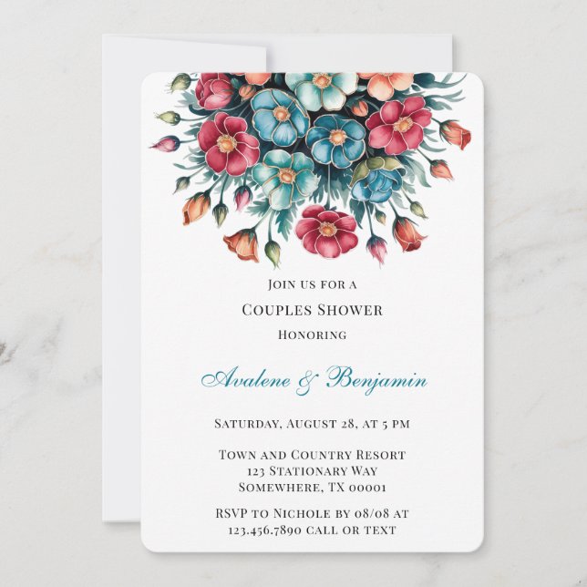Teal Red Orange Bouquet Floral Gold Couples Shower Invitation (Front)