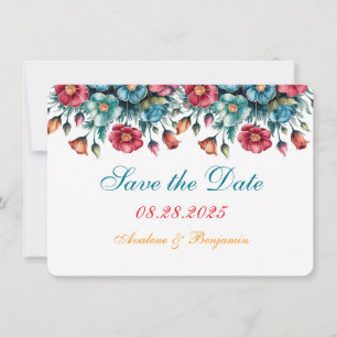 Teal Red Orange Bouquet Floral Gold Save the Date