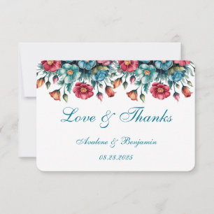Teal Red Orange Bouquet Floral Gold Thank You Card