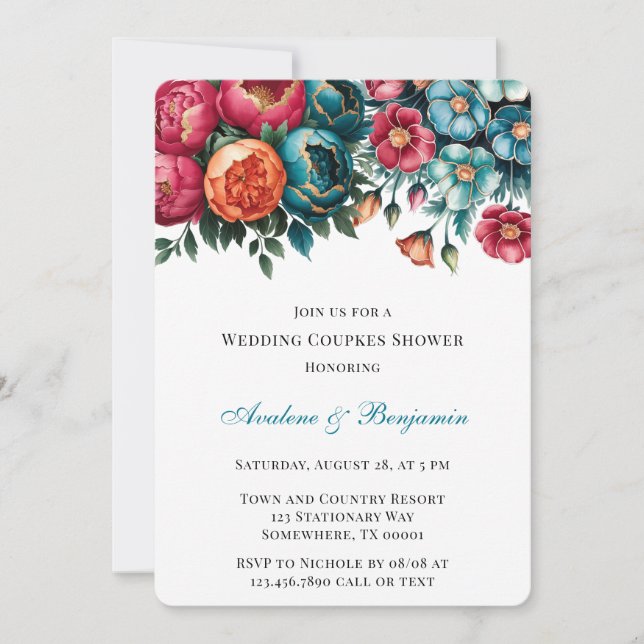 Teal Red Orange Floral Gold Wedding Couples Shower Invitation (Front)