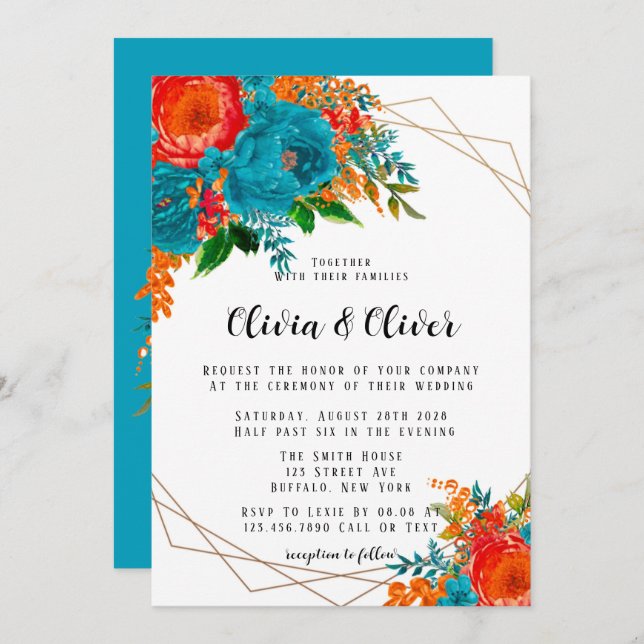Teal Red Orange Peony Florals Wedding Invitation (Front/Back)