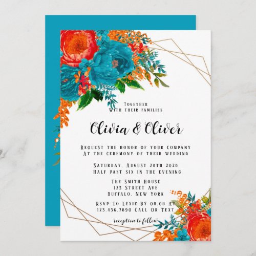 Teal Red Orange Peony Florals Wedding Invitation