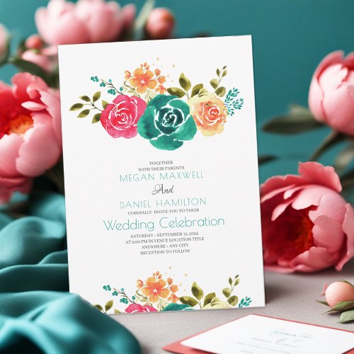 Teal Red Orange Roses Boho Floral Wedding Invitation