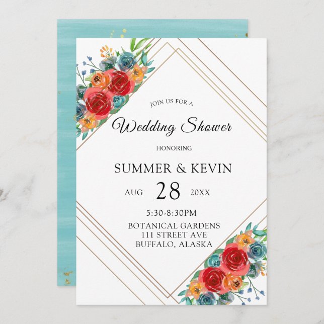 Teal Red Orange Watercolor Roses Wedding Shower Invitation (Front/Back)