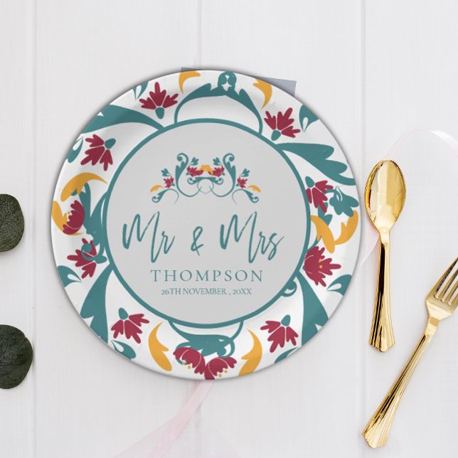 Teal Red Ornamental Mr Mrs Name Wedding Party Paper Plates (Teal Red Ornamental Mr Mrs Name Wedding Party Paper Plates)