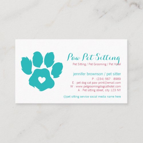 Teal Red Pet Sitter Social Media Dog Cat Paw Business Card