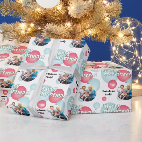 Teal  Red Photo Christmas Bauble Wrapping Paper