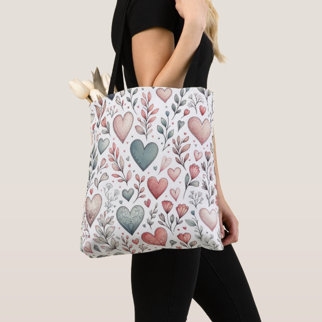 Teal, Red, Pink Hearts and Flowers Valentine's Day Tote Bag (Close Up)