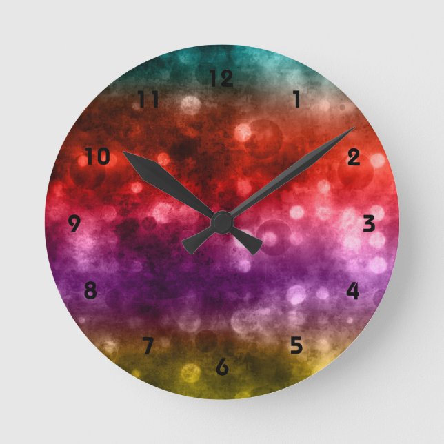 Teal, Red, Purple & Chartreuse Bokeh Design Round Clock (Front)