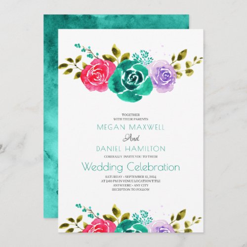 Teal Red Purple Roses Floral Wedding Invitation