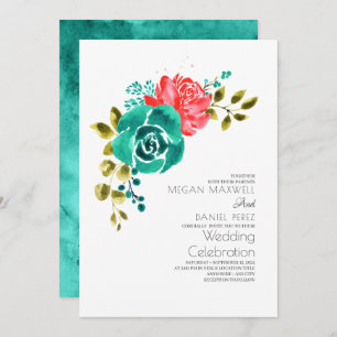 Teal Red Roses Boho Floral Wedding Invitation