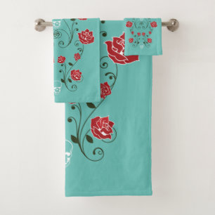 Teal Red Roses & Skulls Bath Towel Set