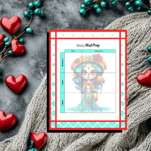 Teal Red Roses Sugar Skull Daily Meal Prep Notepad
