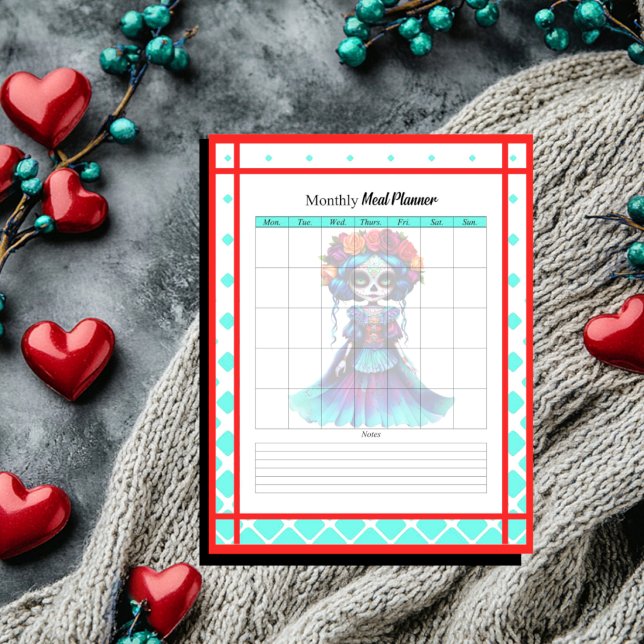 Teal Red Roses Sugar Skull Meal Monthly Planner Notepad (Creator Uploaded)