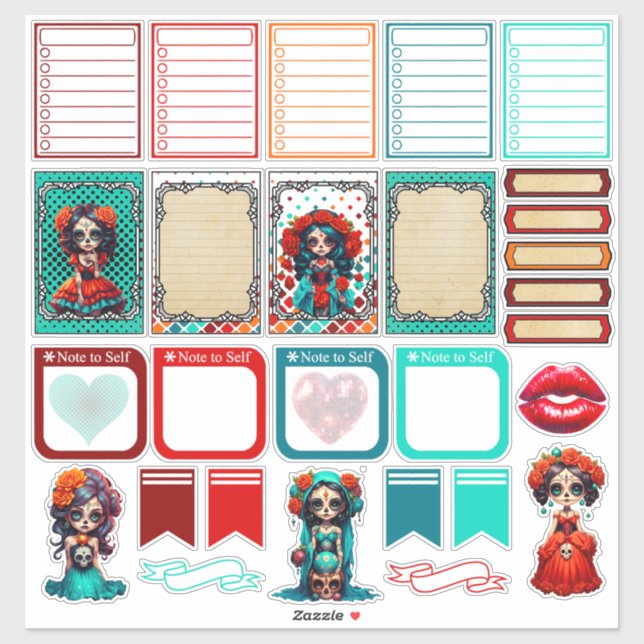 Teal Red Roses Sugar Skull  - Planner 2  Sticker (Sheet)