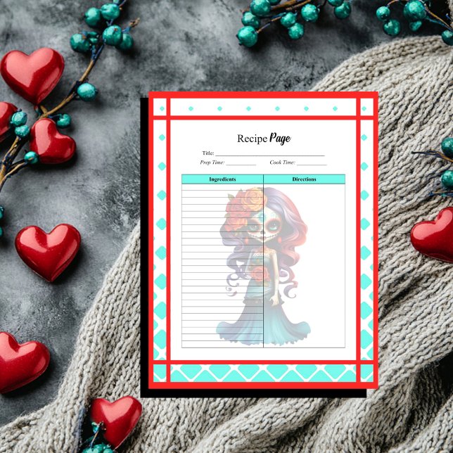 Teal Red Roses Sugar Skull Recipes Notepad (Creator Uploaded)