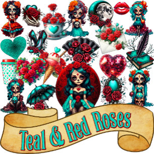 Teal Red Roses Sugar Skull Sticker