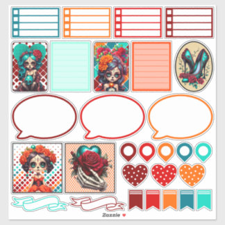Teal Red Roses Sugar Skulls Set 1 Planner Sticker